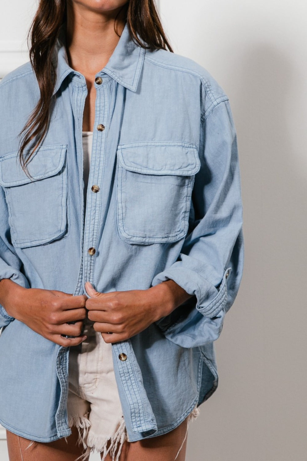 BiBi Denim Blue Button Down Stitch Detail Shirt with Chest Pockets Trendsi