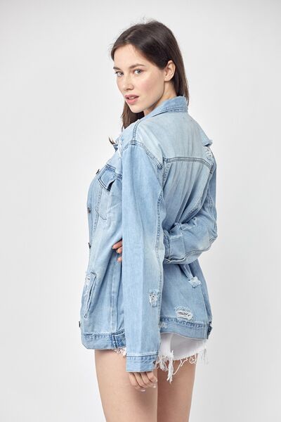 RISEN Light Wash Distressed Long Sleeve Denim Jacket