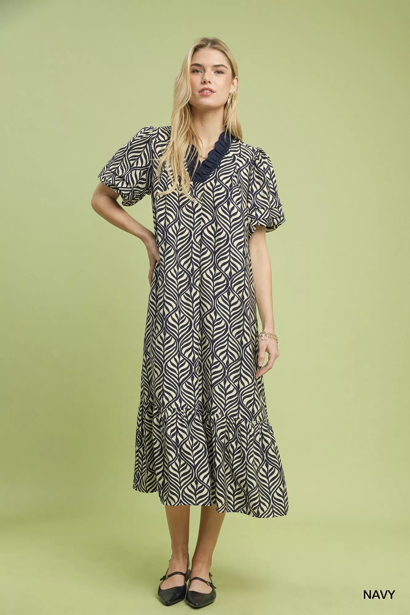Umgee Navy Leaf Print Ruffle Neck Midi Dress