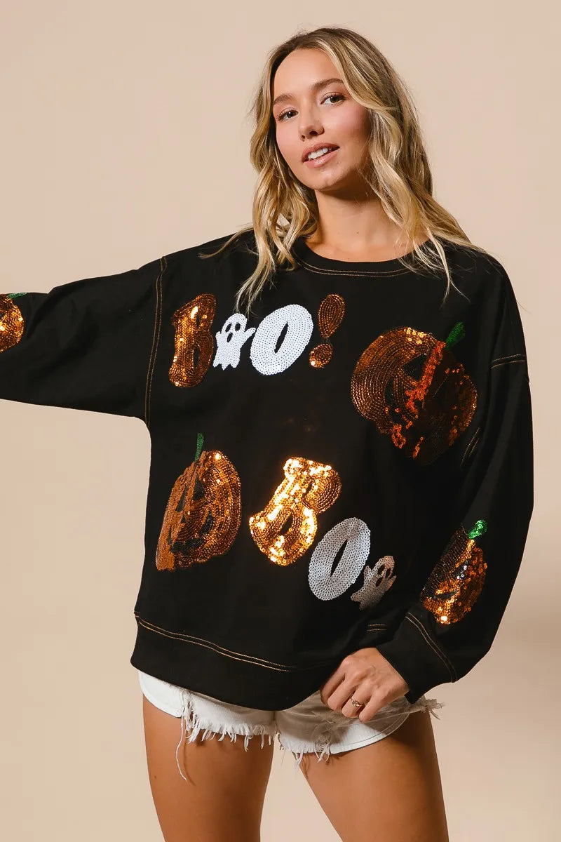 BiBi Black Halloween Theme Sequin Embroideries Sweatshirt
