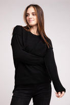 Zenana 9 Colors Melange Hi-Low Hem Round Neck Chest Pocket Sweater BLACK ZENANA