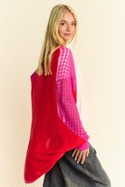 Davi & Dani Red & Pink Multi Openwork Contrast Open Front Cardigan Shirts & Tops