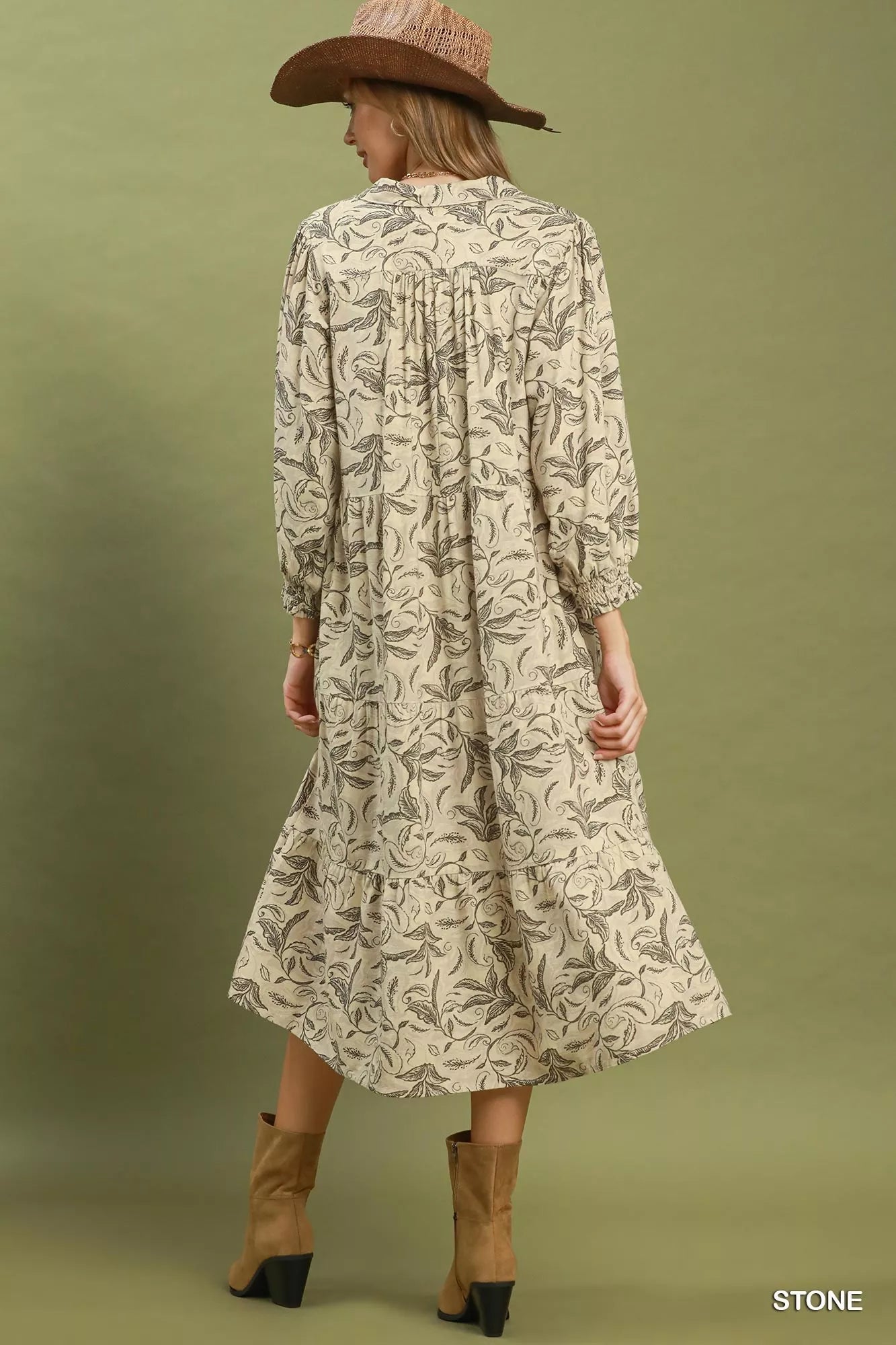 Umgee Stone Linen Botanical Print Tiered Midi Dress