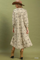 Umgee Stone Linen Botanical Print Tiered Midi Dress