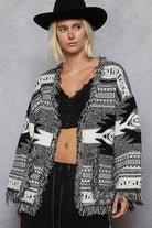 POL Black Multi Open Front Geometric Print Cardigan with Fringe Detail