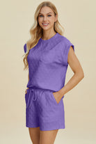 Double Take Lavender Triangle Textured Round Neck Top and Shorts Set Trendsi