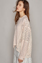 POL Round Neck Long Sleeve Raw Edge Lace Top Trendsi