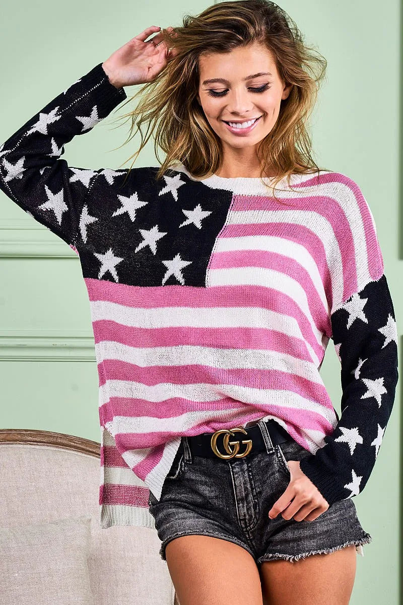 BiBi American Flag Low Gauge Knitted Long Sleeve Top