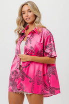 BiBi Fuchsia Leopard Print Short Sleeve Silky Satin Shirt Blouse