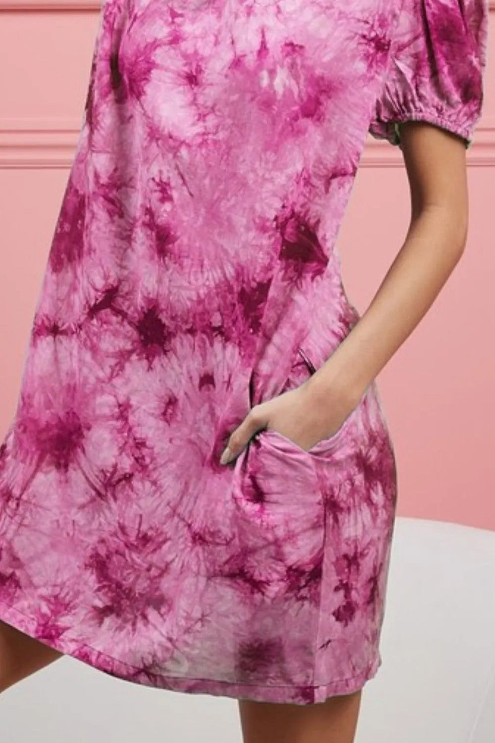 BiBi Fuchsia Puff Sleeve With Side Pockets Tie Dye Dress