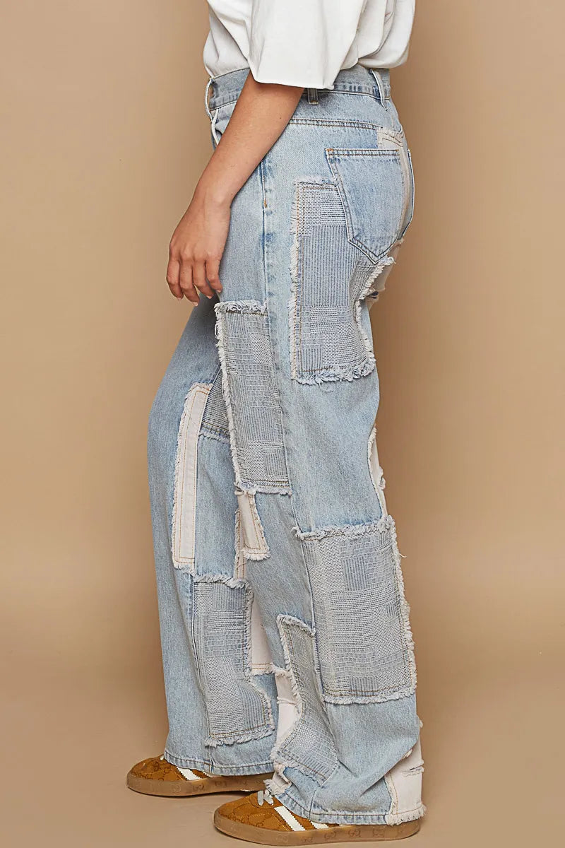 POL Contrast Patched Raw Hem Straight Jeans