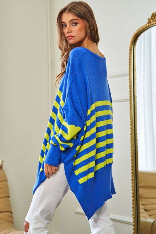 Davi & Dani Multi Striped Elbow Patch Loose Fit Sweater Top OCEAN BLUE Davi & Dani