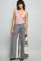 POL Rose Pink Ribbed V-Neck Tank with Contrast Floral Neckband