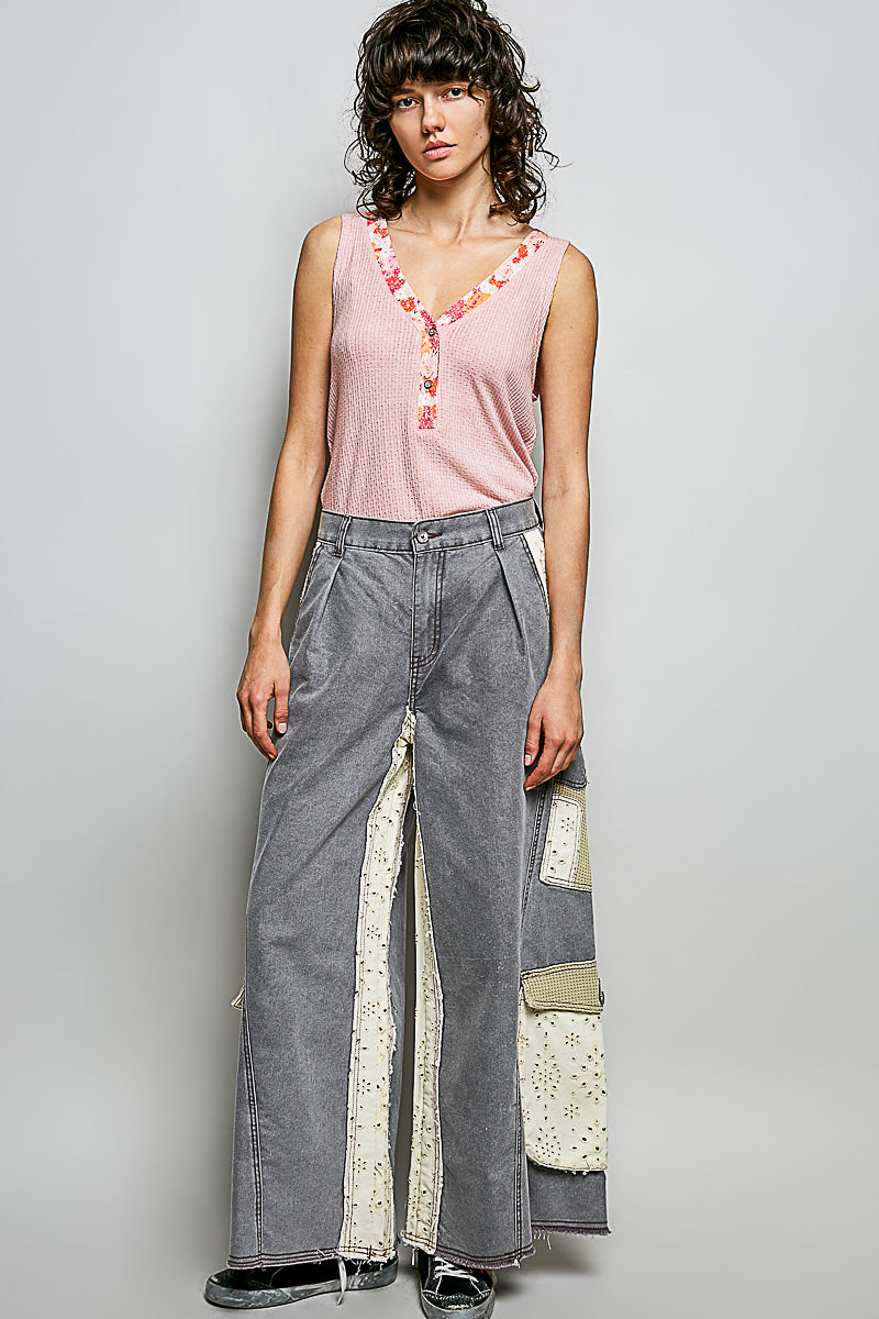POL Rose Pink Ribbed V-Neck Tank with Contrast Floral Neckband