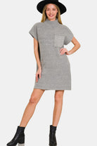 Zenana Grey Mock Neck Short Sleeve Sweater Mini Dress Trendsi