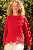 POL Candy Apple Red Weaving Cable Knit Distressed Long Sleeve Sweater Trendsi