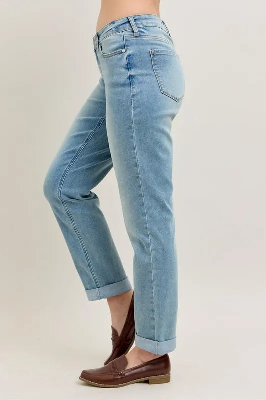 Judy Blue Medium Washed V-Front Cuff Boyfriend Jeans