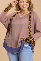 Umgee Dusty Pink Leopard High-Low Dolman Sleeve Waffle Knit Top