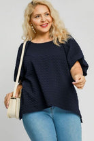 Umgee Dark Navy Boxy Cut Jacquard Round Neck Top with Side Slit