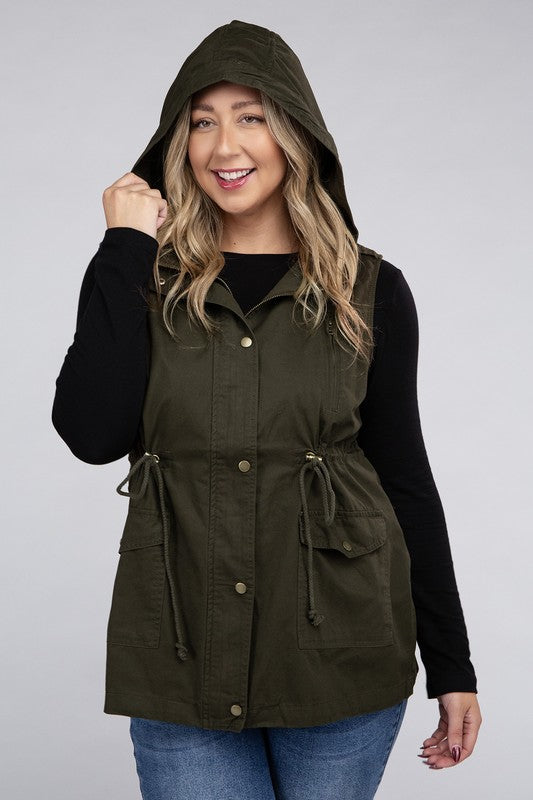 Zenana Plus Drawstring Waist Military Hoodie Vest ZENANA