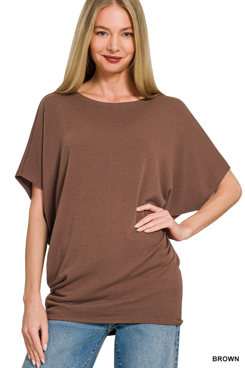 Zenana Brown Hacci Dolman Sleeve Boat Neck Top BROWN