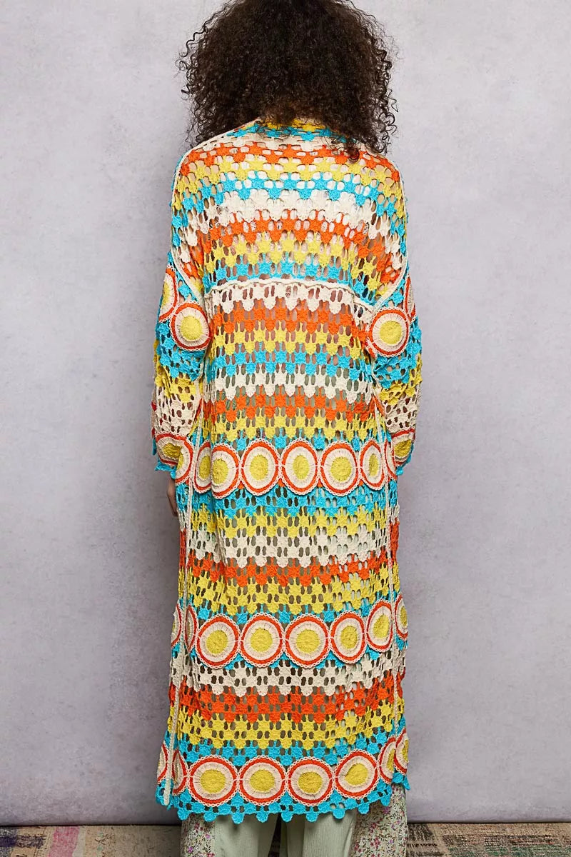 POL Scalloped Edge Open Front Crochet Cardigan with Colorful Stripe Pattern