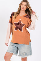 SAGE + FIG Rust Star Patch Long Sleeve Color Block T-Shirt Trendsi