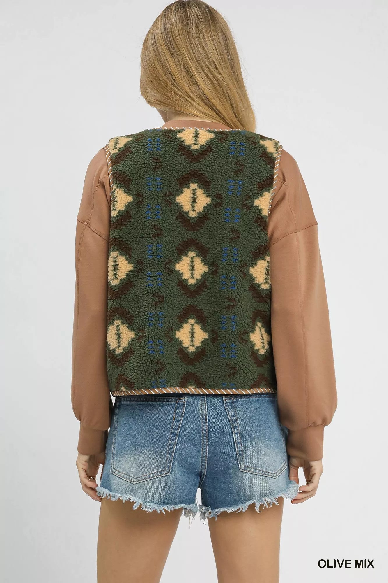 Umgee Mix Patterned Sherpa Tie-Front Vest – Olive Mix