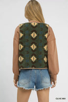 Umgee Mix Patterned Sherpa Tie-Front Vest – Olive Mix