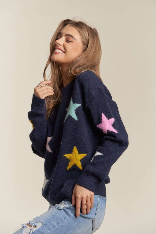 ADORA Dark Navy Stars Pattern Round Neck Drop Shoulder Sweater