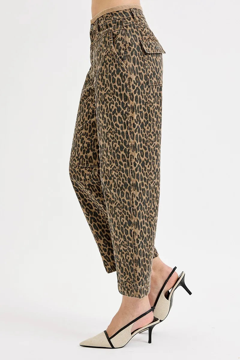 RISEN Leopard Mid Rise Crop Relaxed Jeans