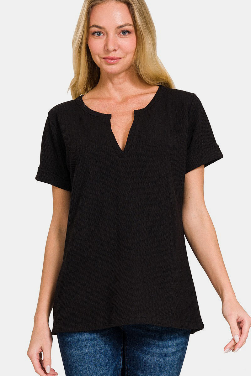 Zenana Black Notched Short Sleeve Waffle T-Shirt Black Trendsi