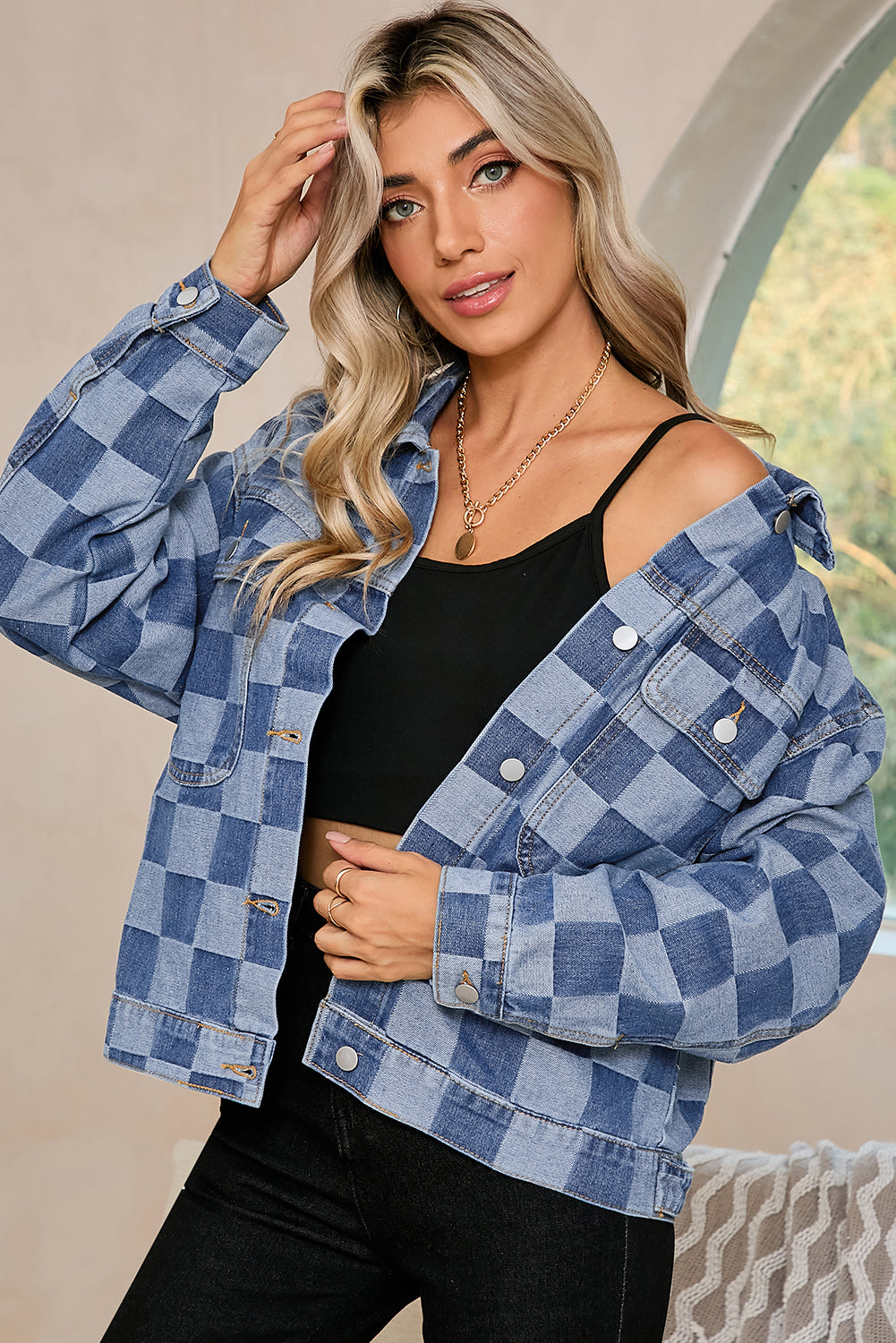 Light Blue Checkered Patchwork Button Up Denim Jacket Shewin