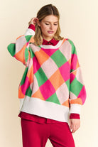 Davi & Dani Pink & Orange Exposed Seam Color Block Dropped Shoulder Sweater Trendsi