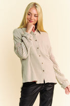 Davi & Dani Khaki Crochet Sleeve Crinkled Texture Shirt Trendsi