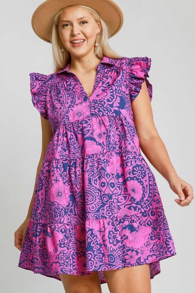 Umgee Navy & Pink Printed Ruffle Cap Sleeve Babydoll Dress