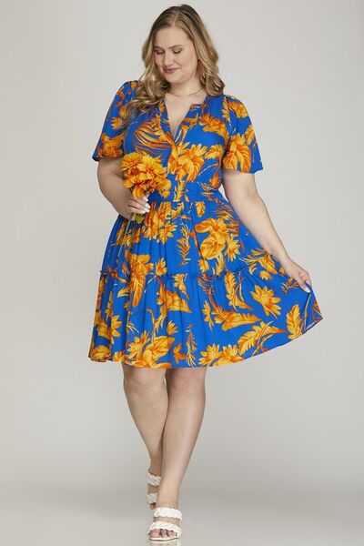 She + Sky Royal Blue Printed Notched Short Sleeve Frill Tiered Dress Plus Size