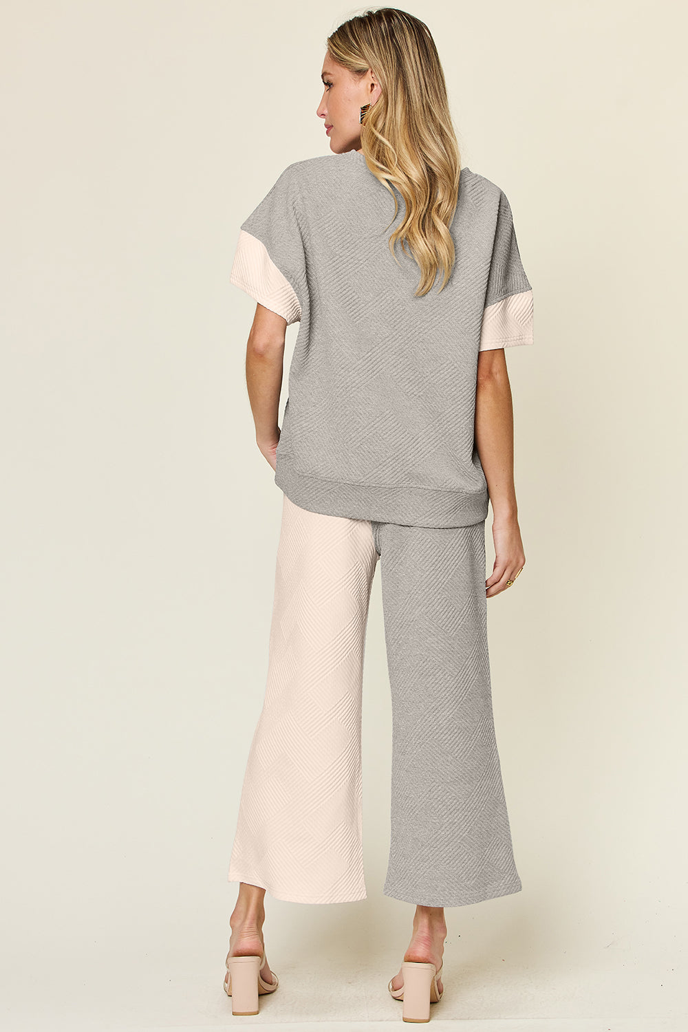 Double Take: 4 Colors: Quilted Textured Contrast Top and Wide Leg Pants Set Loungewear Set