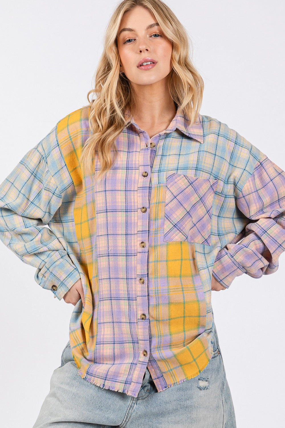 SAGE + FIG Lavender Button Up Raw Hem Plaid Flannel Shirt Trendsi