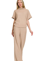 Zenana Light Mocha Sweater Mock Neck Top & Long Pants Set