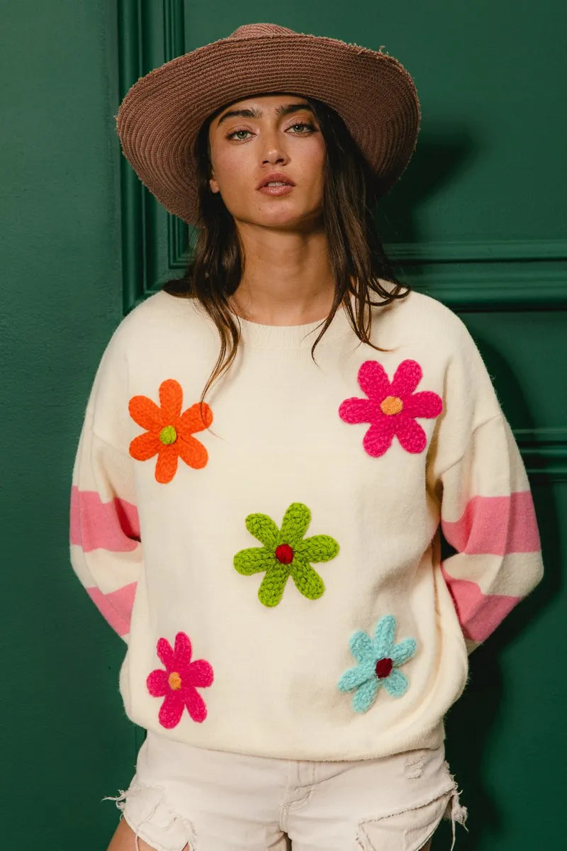 BiBi Oatmeal Colorful Floral Patched Sweater with Striped Sleeve
