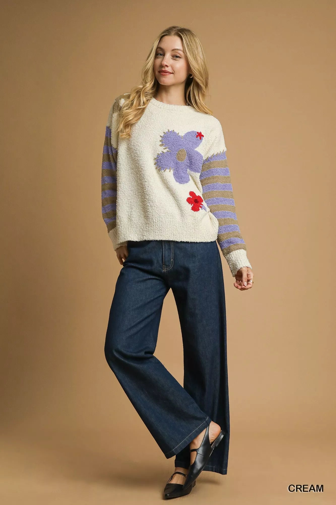 Umgee Cream Flower Jacquard Striped Long Sleeve Sweater
