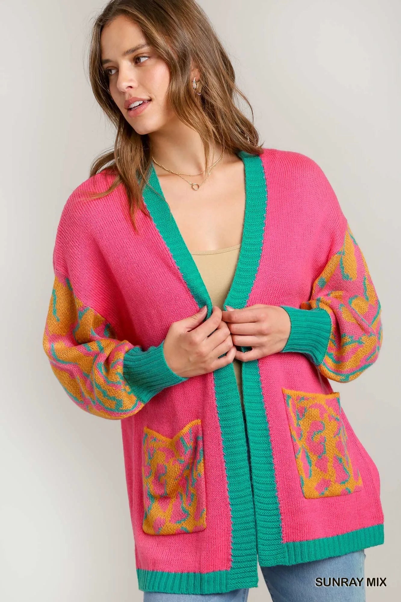 Umgee Sunray Mix Animal Print Open Front Sweater Cardigan SUNRAY MIX