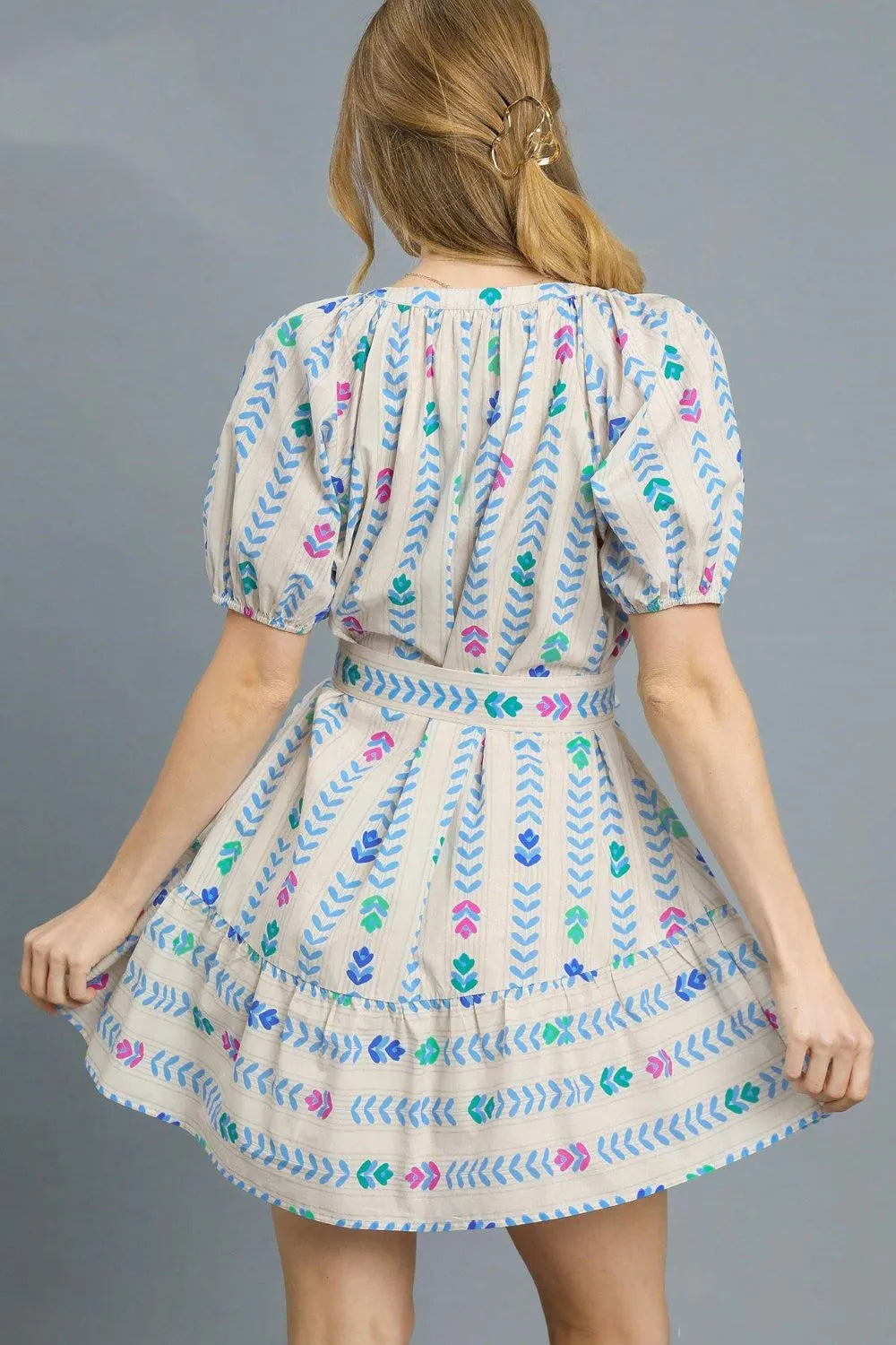 Umgee Boho Arrow Printed Tie Waist Puff Short Sleeve Mini Dress