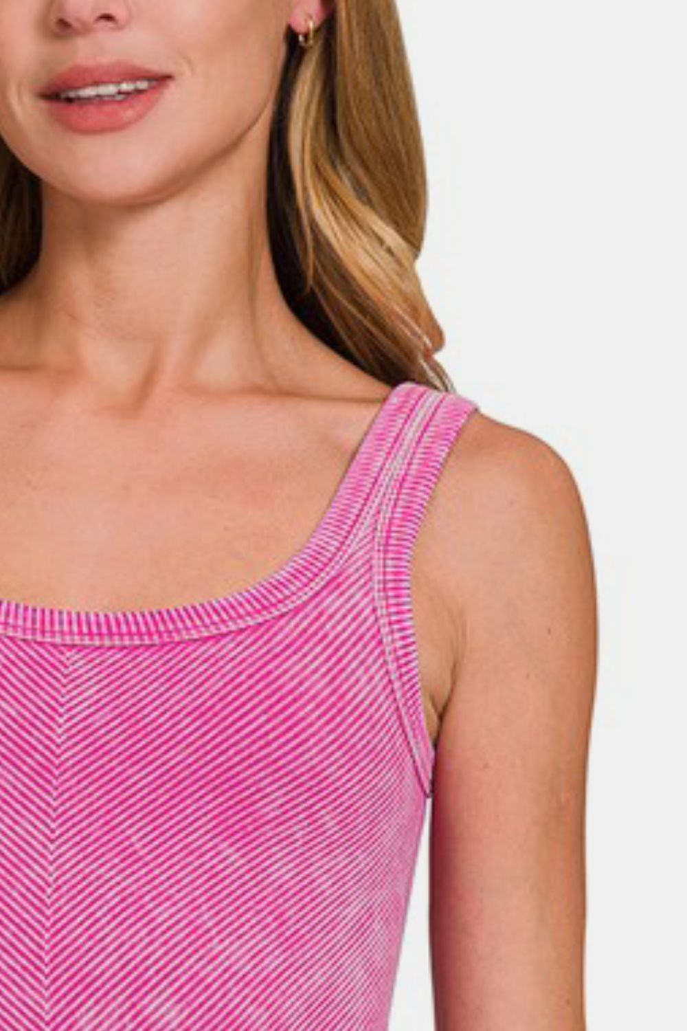 Zenana Hot Pink Stone Washed Ribbed Scoop Neck Tank Top