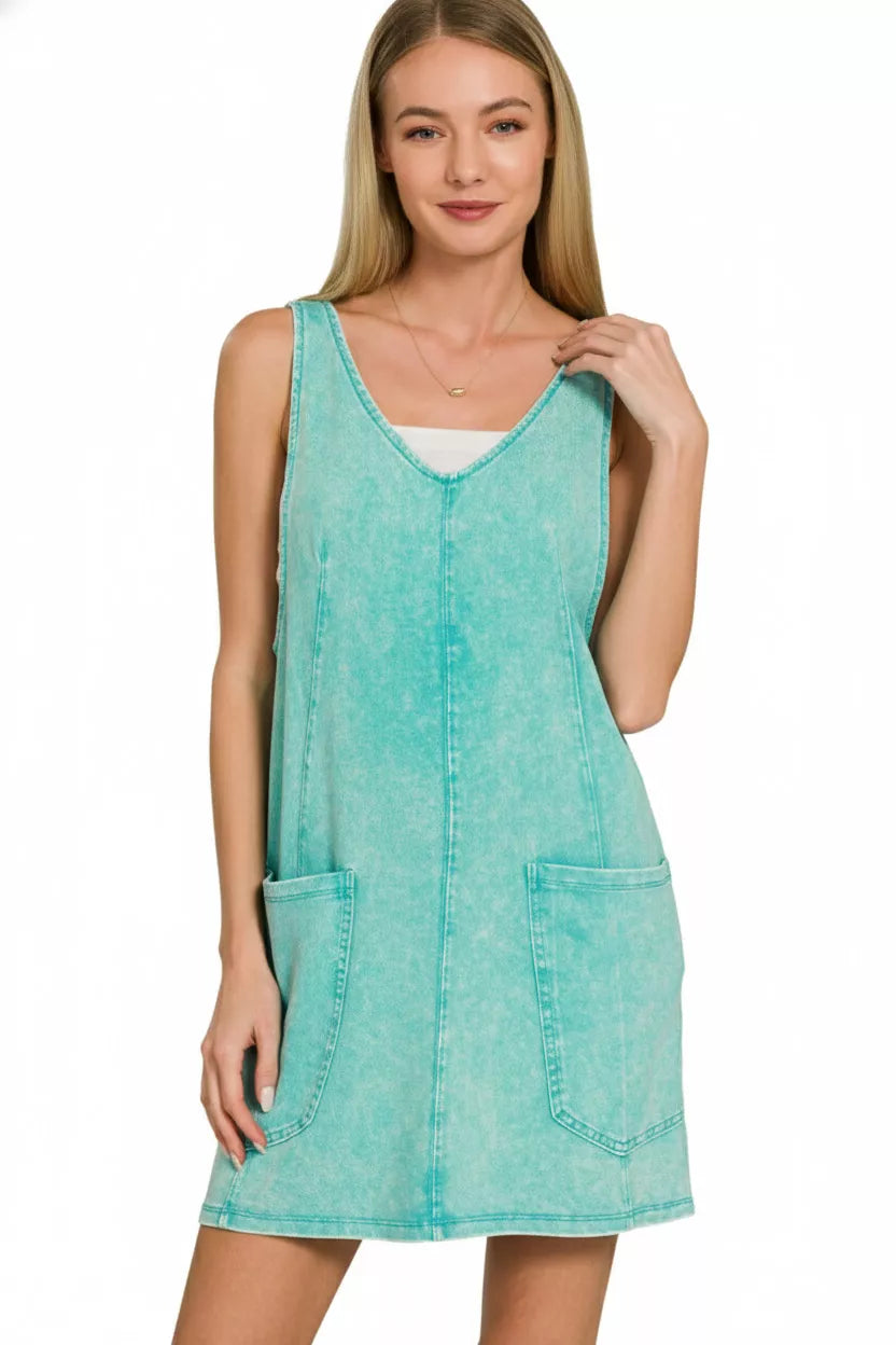 Zenana Turquoise Acid Washed Overall Knit Mini Dress