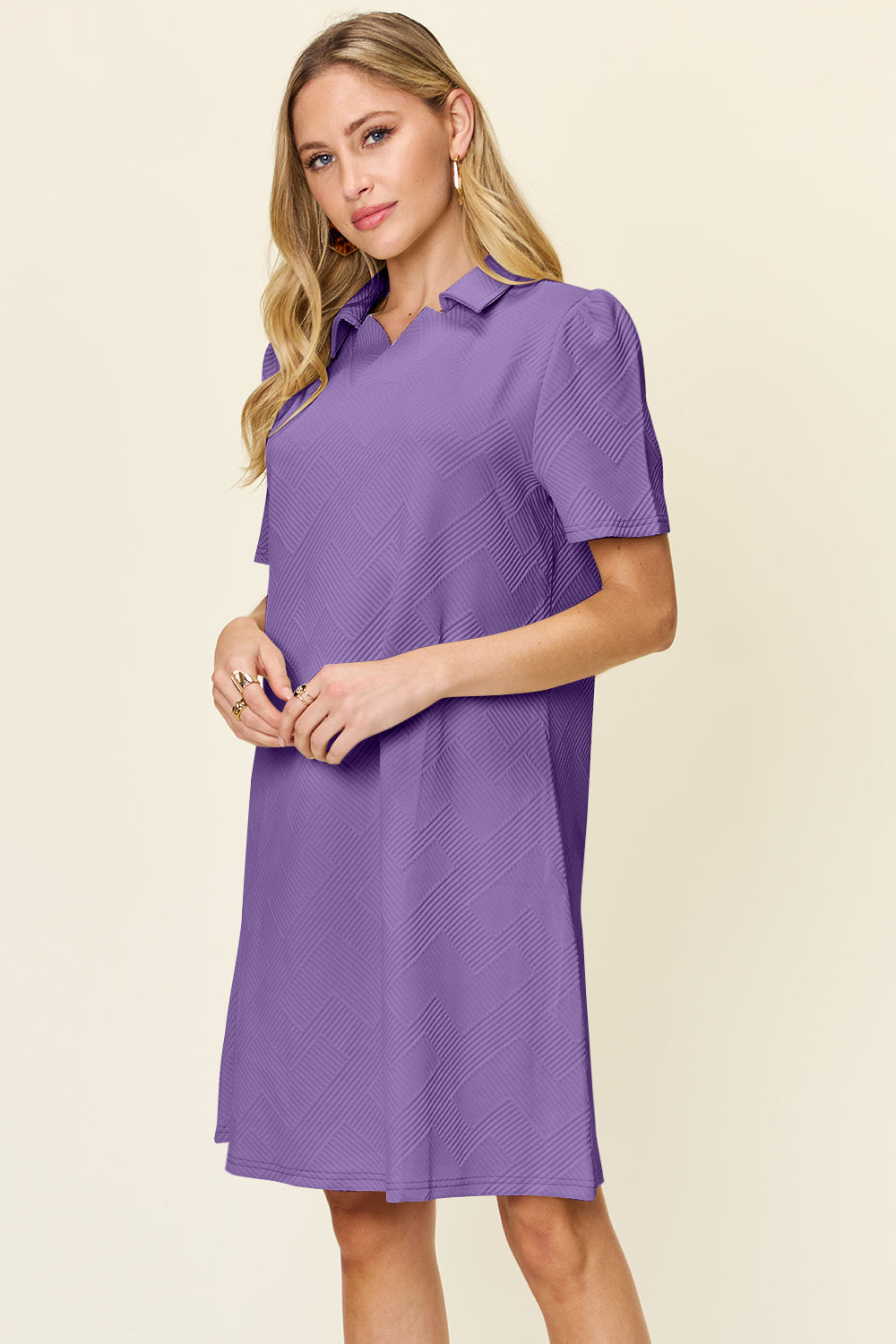 Double Take Quilted Textured Collared Neck Puff Sleeve Dress Trendsi