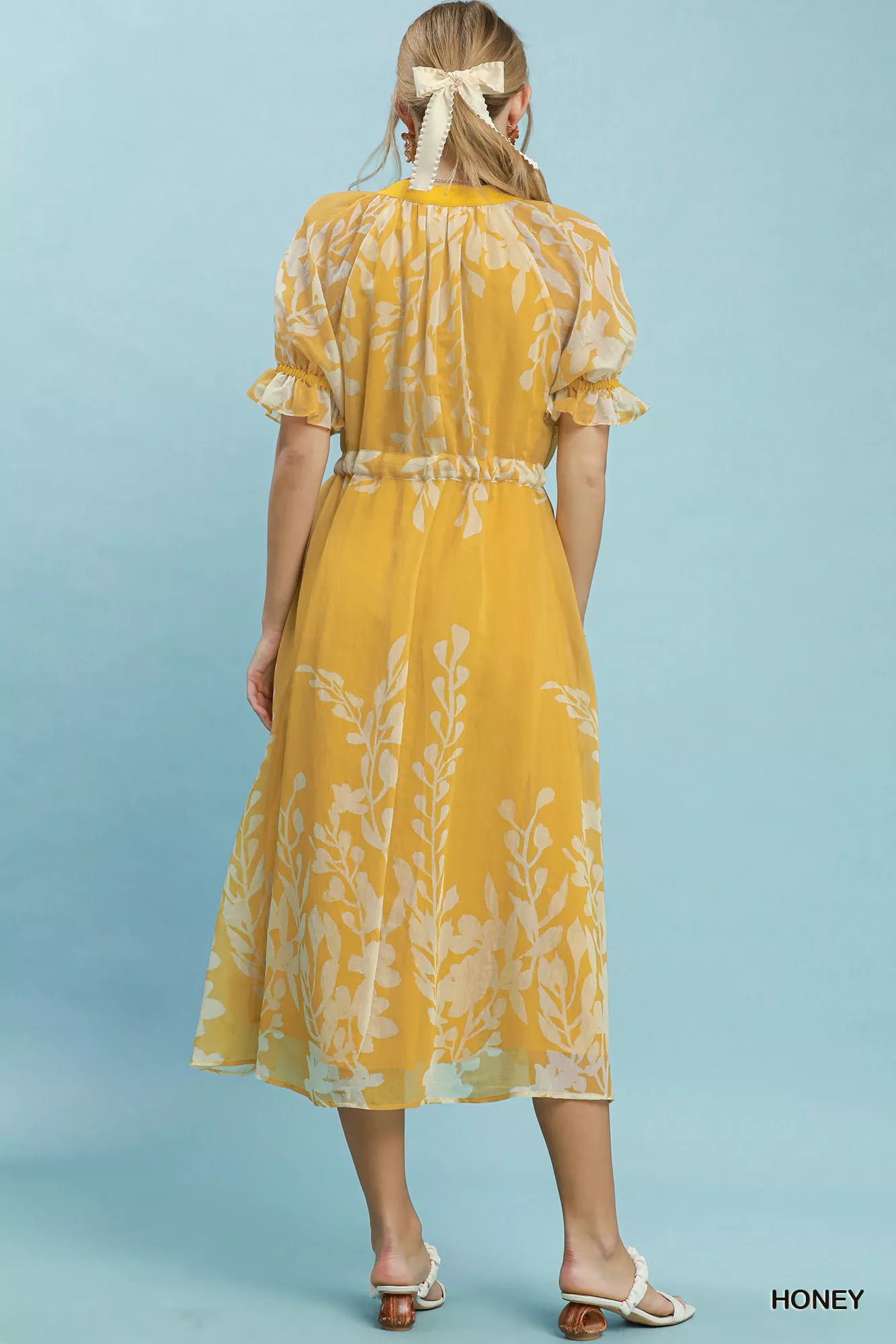 Umgee Honey Floral Print Tie Waist Midi Dress with Side Pockets