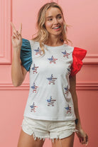 BiBi American Flag Sequin Stars Ruffled Sleeve Top