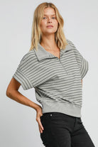 Umgee Gray Striped Half Zip Short Sleeve Sweatshirt